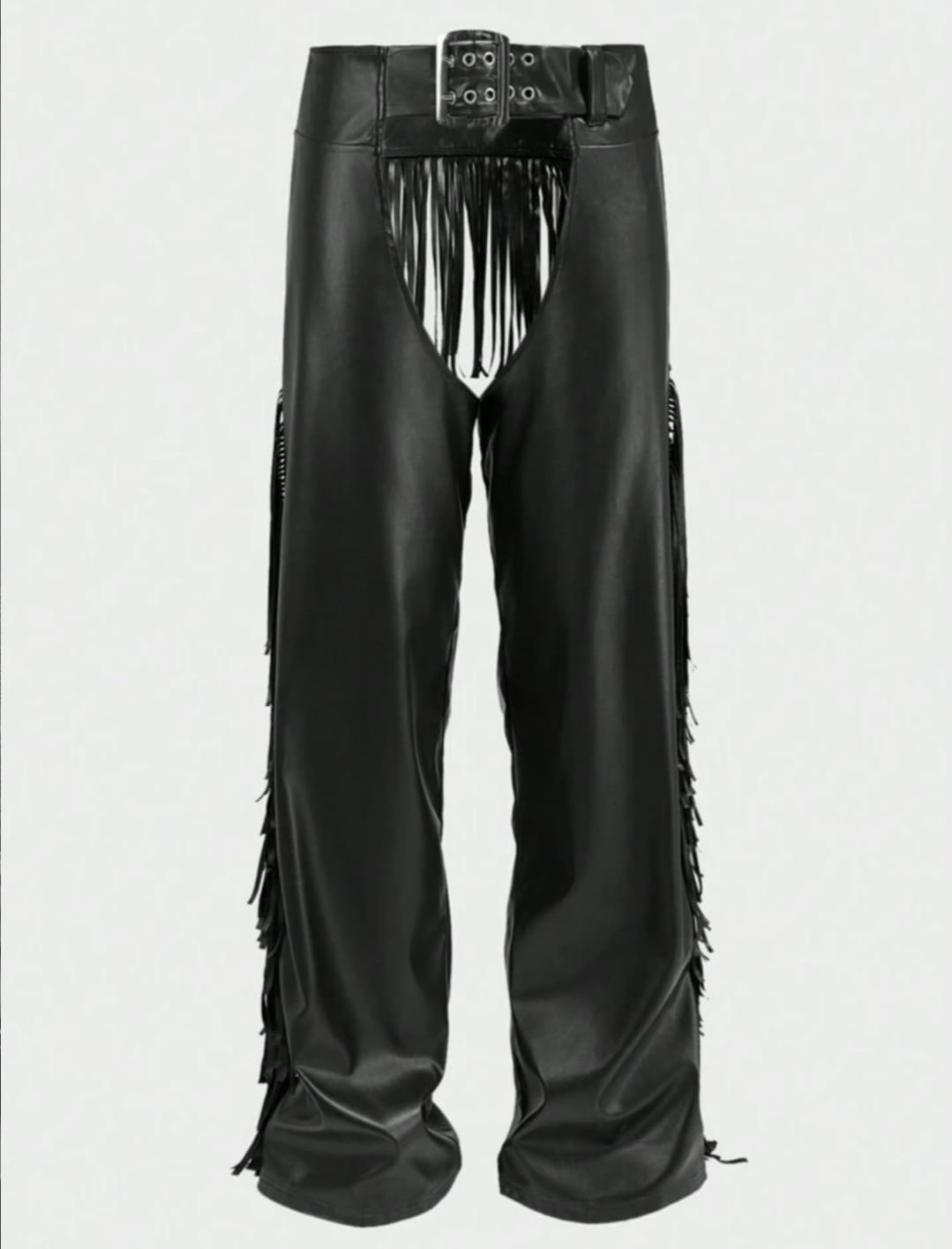 Men's Black Faux Leather Fringe Wide-Leg Pants – Western Punk Statement Trousers